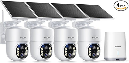 SOLIOM- 5MP Security Cameras Wireless Outdoor, No Subscription & Solar Powered,4-Cam Pack Cameras for Home Security with 360° Auto Motion Tracking, 3K Color Night Vision,5G & 2.4G Router Compatible