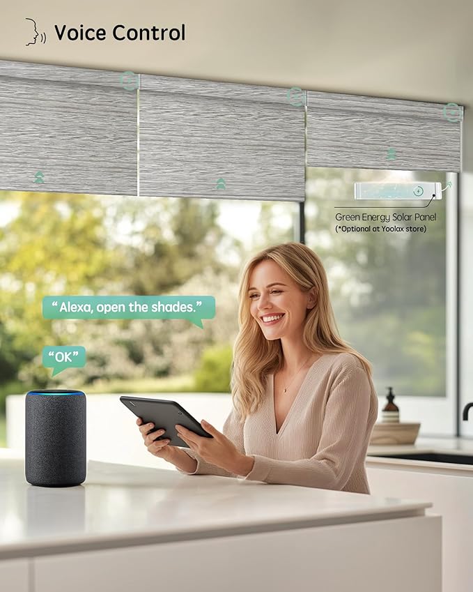 Yoolax Motorized Blinds with Remote, Designer Smart Blinds Work with Alexa, Google, Apple Homekit, 100% Blackout Motorized Shades Custom Electric Shades Voice Control (V-Jungle Gray Feather)