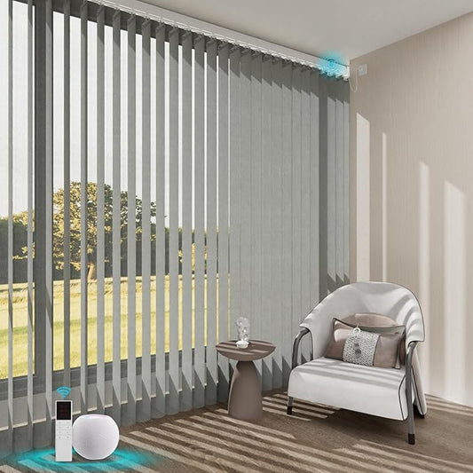 Motorized Sheer Vertical Blinds Work with Alex Google Home, Light Filtering Smart Vertical Blind Sliding Door Blinds Remote Control Blinds for Sliding Glass Door Customize(Elegant Light Grey)