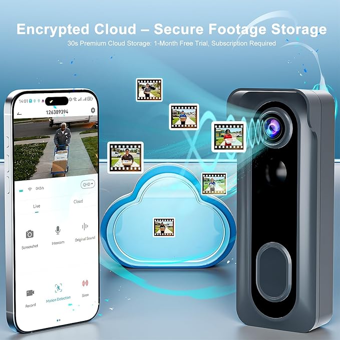 Doorbell Camera Wireless with Chime -2K HD Video AI Motion Detection, Two - Way Audio, Night Vision, Cloud Storage,Battery Powered - Compatible with Alexa, 2.4G WiFi Only