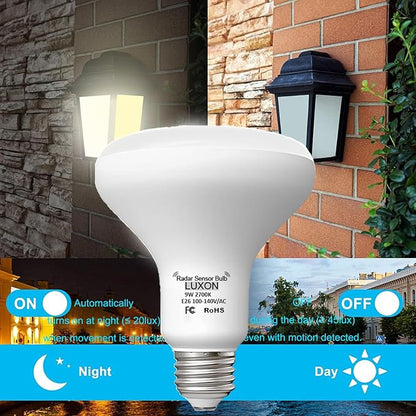 LUXON 9W BR25 Radar Motion Sensor Light Bulbs, Detector Dusk to Dawn 90W Equivalent,Smart Led Lamp Lighting,Indoor Outdoor Auto On/Off E26 Base Soft White 2700K