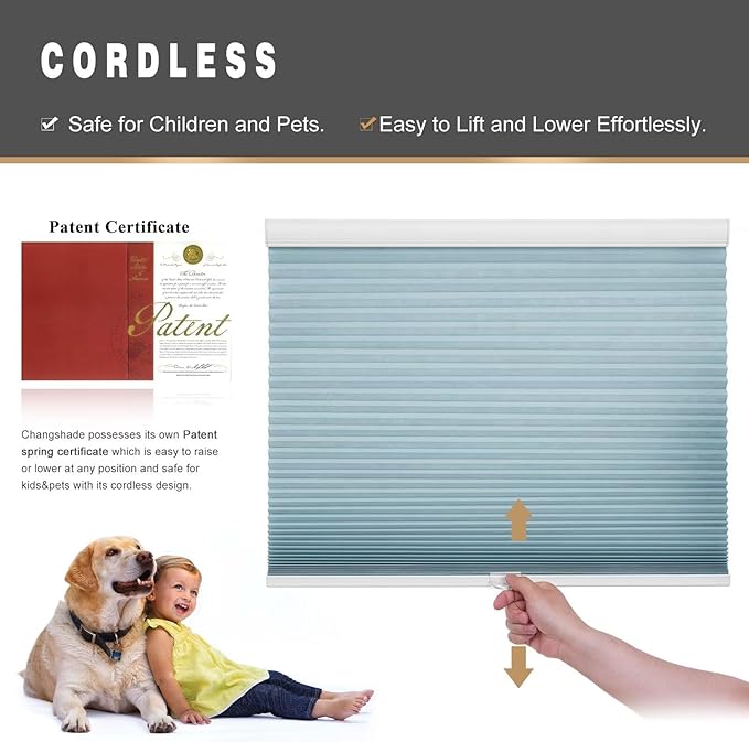 Changshade Cellular Shades Light Filtering Cordless Custom Size, Honeycomb Door Window Blinds 1.5 inch Cell Pleated Easy to Install for Home, Office, Apartment, House, Bedroom, Nursey, Blue