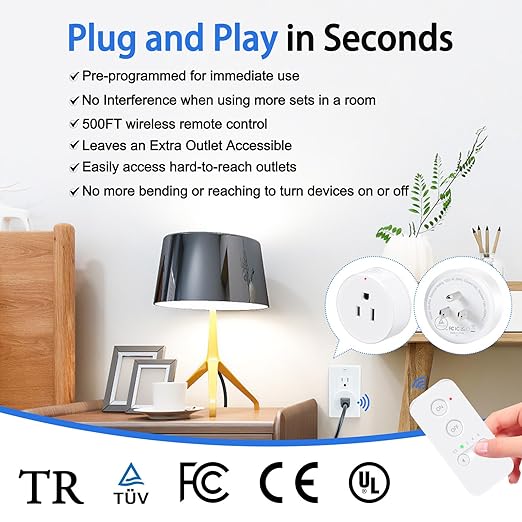 Greencycle Remote Control Outlet Plug, Remote Light Switches Wireless Indoor, Outlet Timer Indoor, No Interference No Wiring, 15A/1500W, 500ft RF Range, Compact Design, Programmable, 1Switch 2Outlets