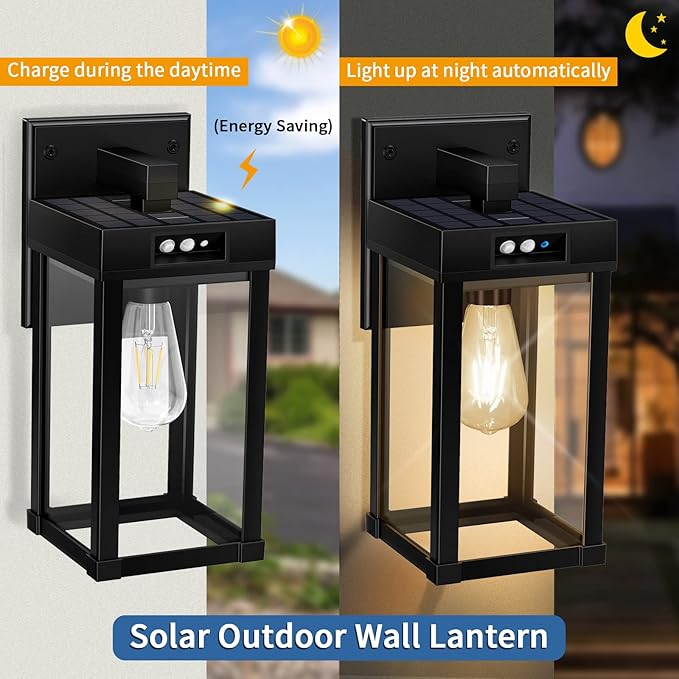 Solar Wall Lights Outdoor with 3 Lighting Modes & Motion Sensor, Solar Porch Light with 2 Bulbs, Waterproof Outdoor Wall Sconce Lantern Light Fixture for Garage Porch Shed Barn Garden Yard Front Door