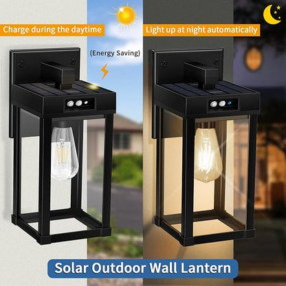 Solar Wall Lights Outdoor with 3 Lighting Modes & Motion Sensor, Solar Porch Light with 2 Bulbs, Waterproof Outdoor Wall Sconce Lantern Light Fixture for Garage Porch Shed Barn Garden Yard Front Door