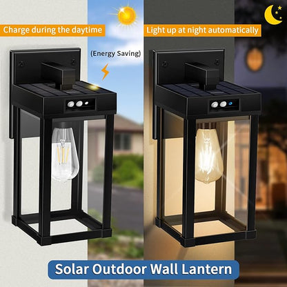 Solar Wall Lights Outdoor with 3 Lighting Modes & Motion Sensor, Solar Porch Light with 2 Bulbs, Waterproof Outdoor Wall Sconce Lantern Lamp Fixture for Garage Porch Shed Barn Yard Garden Front Door