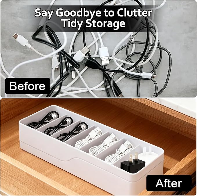 Cable Organizer Storage Box with 7 Wire Ties,Power Cord Organizer with 7 Compartments for Office,Home,Desk Accessories Storage Stationery Supplies (small size)
