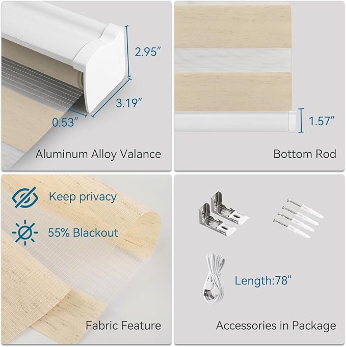 Interior Window Shades, Smart Dual Layer Light Filtering Blinds Compatible with Alexa & Google Home, Customized Size Cordless Electric Window Shades, (Linen Apricot, 55% Blackout)