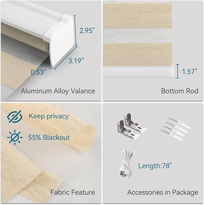 Interior Window Shades, Smart Dual Layer Light Filtering Blinds Compatible with Alexa & Google Home, Customized Size Cordless Electric Window Shades, (Linen Apricot, 55% Blackout)