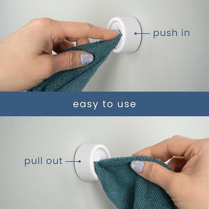 S&T INC. Adhesive Push Towel Hooks, 4 Pack, Matte White | 2 Installation Options, Round Hooks for Kitchen, Bathroom, Garage and Home Use, Organization Hooks, Strong Grip
