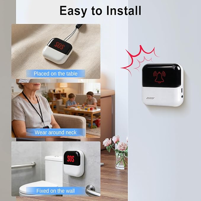 WiFi Caregiver Pager System, SOS Call Button for Elderly at Home, No Monthly Fee Emergency Alert Button with App Notifications, 2 Panic Buttons&1 Receiver, 426ft Range for Seniors, Patients, Disabled
