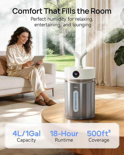 Feekaa Stainless Steel Humidifier, 4L/1Gal Cool Mist Humidifiers for Bedroom, Easy to Clean Dishwasher Safe Humidifier Large Room with Diffuser, Humidifiers for Baby Nursery Living Room Office Plant