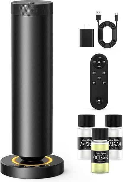 Waterless Diffuser with 108ML Essential Oils, Covers 1500 Sq Ft, Diffusers for Home Hotel, Adjustable Mist & Timer, Scent Diffuser Starter Kit with Night Light, Corded Electric,Black