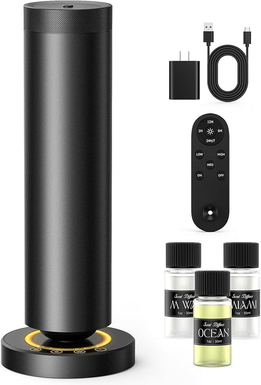 Waterless Diffuser with 108ML Essential Oils, Covers 1500 Sq Ft, Diffusers for Home Hotel, Adjustable Mist & Timer, Scent Diffuser Starter Kit with Night Light, Corded Electric,Black