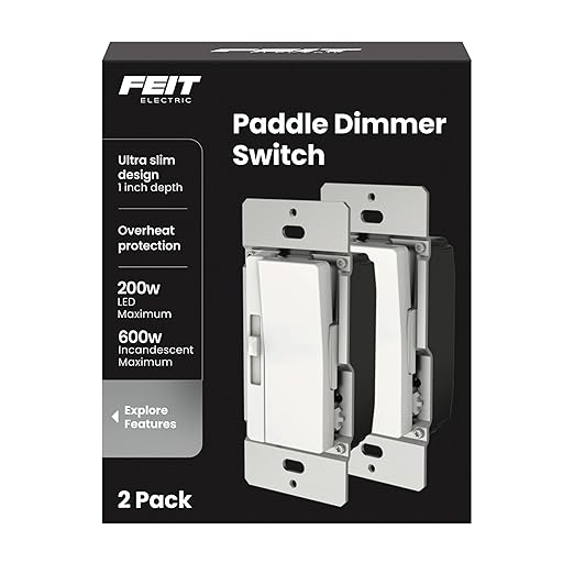 Feit Electric Paddle Dimmer Switch for Dimmable LED Light Bulbs, Single Pole or 3-Way Toggle Light Switch, Overheat Protection, Wall Plates & Installation Hardware Included, 2 Pack