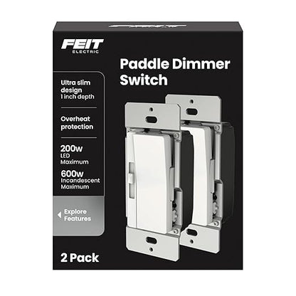 Feit Electric Paddle Dimmer Switch for Dimmable LED Light Bulbs, Single Pole or 3-Way Toggle Light Switch, Overheat Protection, Wall Plates & Installation Hardware Included, 2 Pack