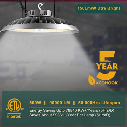2Pack 600W UFO LED High Bay Light 5000K Daylight, 90,000 Lumens Super Bright, 100-277V Wide Voltage, Commercial High Bay Lighting for Warehouse Factory Gym, 3.3' Cable & US Hook, Plug& Play