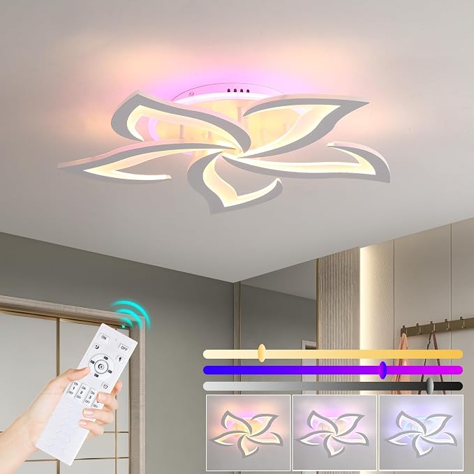50W Dimmable LED Ceiling Light, 5-Petal Flush Mount, White | 23.6" Flower Ceiling Light with Remote, 3000K-6000K, 3000LM, Memory, Night Light & Timer for Bedroom Living Room Kitchen