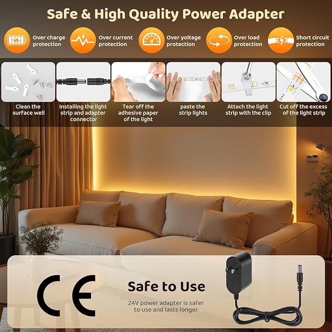 Tunable White LED Strip Light, Warm to Cool White,49.2ft Dimmable Bright LED Tape Lights with APP and Remote Control,3000K-6500K 24V Tape Light for Bedroom Home Lighting Mirror Kitchen Bar Cabinet