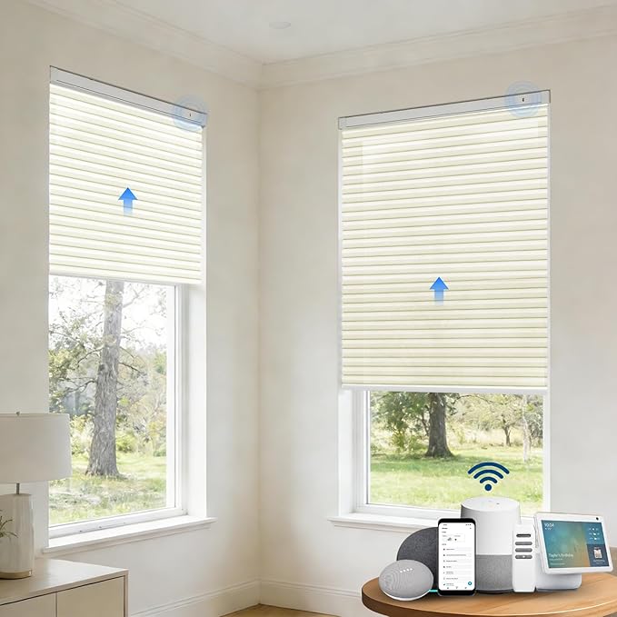 Motorized Cellular Shades with Remote, Light Filtering Smart Cellular Shades Compatible with Alexa, Honeycomb Window Blinds for Bedroom Home Office, Custom Size, Half Shading Cream