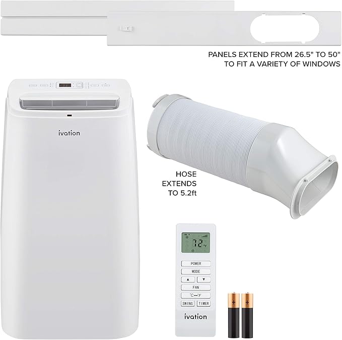 Ivation 12,000 BTU Portable Air Conditioner with Wi-Fi for Rooms Up to 450 Sq Ft (8,000 BTU SACC) 3-in-1 Smart App Control Cooling System, Dehumidifier and Fan with Remote, Exhaust Hose & Window Kit