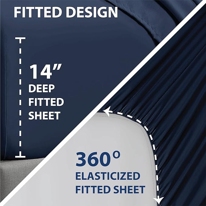 Swift Home Smart Sheets, Ultra Soft Brushed Microfiber 4-Piece Sheet Set, Fitted Bed Sheet with Side Storage Pockets – Navy, Full