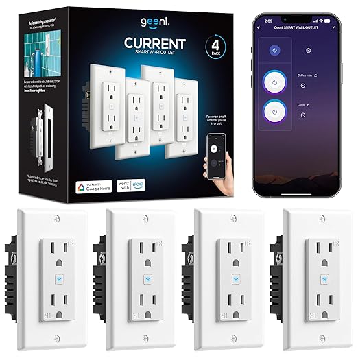 Geeni Smart Wi-Fi in-Wall Outlet, Tamper & Fire Resistant, White, 4-Pack