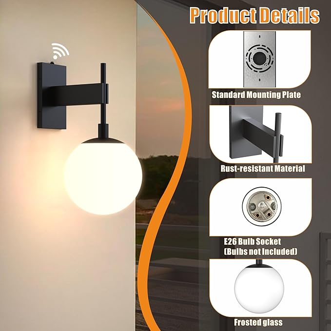 Hyunbae Dusk to Dawn Outdoor Wall Sconces, Modern Exterior Photocell Sensor Front Porch Light, 18.1" Globe Large Outdoor Wall Lighting, Waterproof Outside Lights for House, Doorway, Garage, E26, IP65