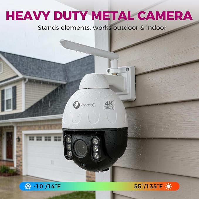 xmartO High-end 4K Wireless WiFi 6 PTZ Security Camera for Home & Business, 24/7 AI Tracking Surveillance, IR Night Vision & Flood Lights, 2-Way Audio Vandal-Proof Metal Dome CAM, View on Apps & NVR