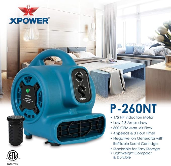 XPOWER Freshen Aire P-260NT 1/4 HP, 925 CFM, 4 Speeds Mini Mighty Scented Air Mover, Utility Fan, Dryer, Blower with Ionizer and Timer, Blue