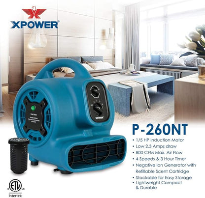 XPOWER Freshen Aire P-260NT 1/4 HP, 925 CFM, 4 Speeds Mini Mighty Scented Air Mover, Utility Fan, Dryer, Blower with Ionizer and Timer, Blue