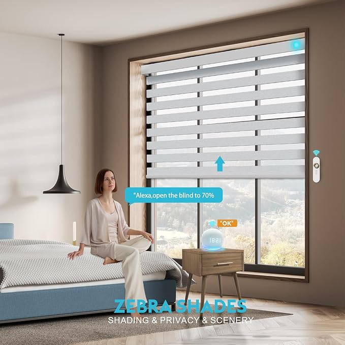 Motorized Zebra Blinds with Remote, Work with HomeKit Alexa, Smart Light Filtering Horizontal Automatic Electric Window Shades for Home Office Customsize（90% Blackout Light Grey）