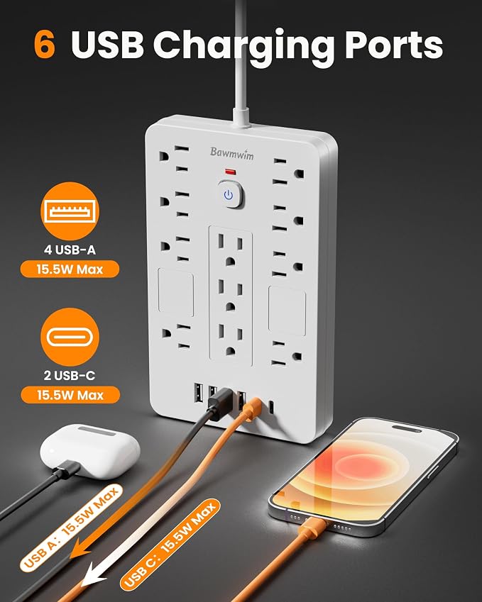 Surge Protector Power Strip - 11 Outlets(1850W/15A/14AWG) with 6 USB Ports(2 USB C), 15FT Flat Plug Extension Cord, Wall Mount, White, ETL Listed for Home, Dorm Room
