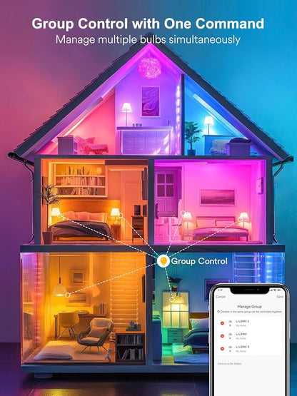 ANGELHALO Smart Light Bulbs, Color Changing A19 LED Light Bulb, Work with Alexa and Google Assistant, Wi-Fi & Bluetooth Light Bulbs, 16 Million Colors RGBCW, Music Sync, 800 Lumens, 2.4Ghz only,1 Pack