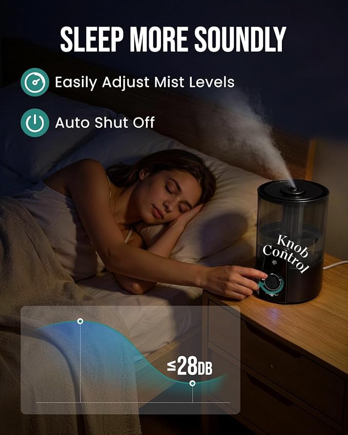 Humidifiers for Bedroom,1.06Gal(4L) Dishwasher Safe Design Easy to Clean, 3-in-1 Humidifier & Aroma Diffuser & Night Light,Top Fill,360° Ultra-Fine Spray,Auto Shut-Off,Home,Baby Nursery,Black
