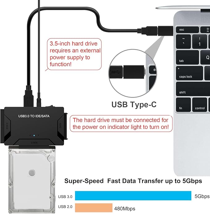 Hard Drive Reader, USB 3.0 to IDE and SATA Adapter External Hard DriveConverter for Universal 2.5/3.5 HDD/SSD Hard Drive Disk Includes 12V Power Adapter, Support 6TB - Black