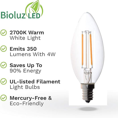 Bioluz LED 4W Filament Candelabra Bulb, E12 Base High Efficiency LED Candle Bulbs, UL Listed, Pack of 6