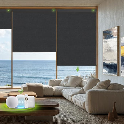 Motorized Blinds with Remote，100% Blackout Smart Blinds Motorized Roller Shades Compatible with Alexa Automatic Blinds for Windows Electric Window Blinds Customized Size Ultra Black Mist