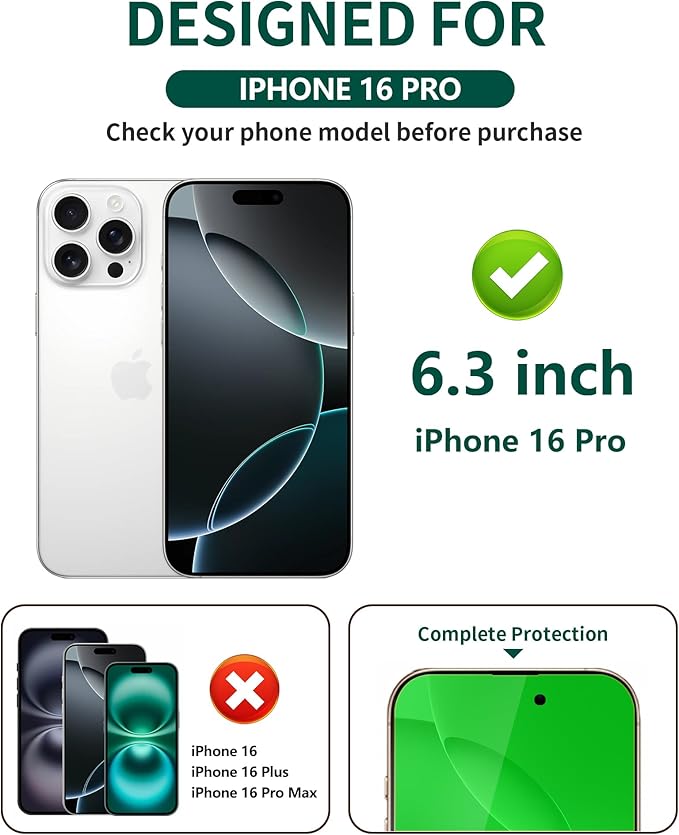 2 Pack for iPhone 16 Pro Privacy Screen Protector Tempered Glass for 16 Pro 6.3 inch Private Protective Film Anti-Blue Light Anti Spy No-Bubble Gradient Green [HD Clarity]