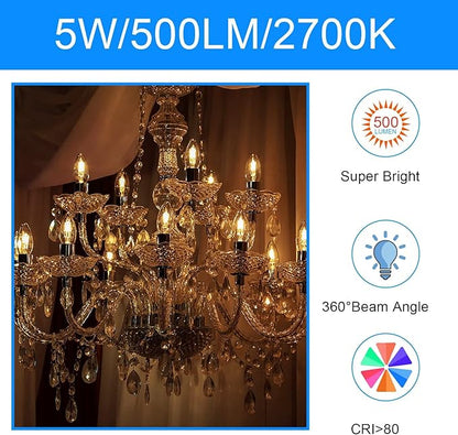 Energetic LED Candelabra Light Bulbs B10, Soft White 2700K, E12 Base, 60 Watt Equivalent Chandelier LED Edison Bulbs, Dimmable, 24 Pack