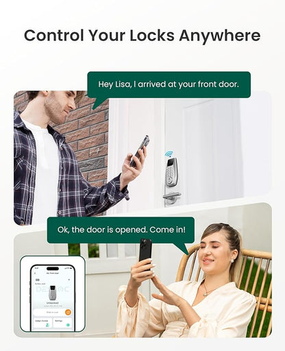 DESLOC C100 Plus Built-in WiFi Smart Lock with Handle Set, Built-in WiFi Keyless Entry Door Lock with Display, Keypad Deadbolt & Matching Lever Handle for Front Door, App Remote Control - Silver