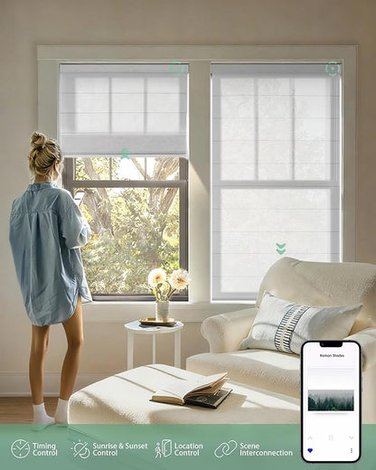 Yoolax Motorized Roman Shades with Remote, Smart Roman Shades for Windows, Semi Sheer Automatic Blinds Work with Alexa, Google Home, Apple Homekit for Living Room, Dining Room, Customized (White)