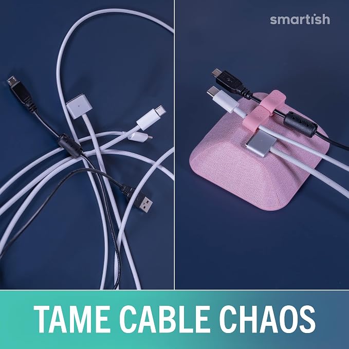 Smartish Magnetic Cord Holder, Cable Wrangler, Nightstand & Desk Organizer | Holds 5 Cords, 2 Cable Clips, Weighted Base, Charger Keeper, Phone Charging Cable Management, Home Office Accessories, Pink