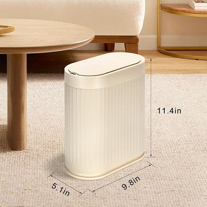 ELPHECO Bathroom Trash Can 2 Gallon Plastic Smart Garbage Can Waterproof Wastebasket Bathroom Decor Narrow Garbage Bin with Automatic lid for Bedroom, Kitchen (Beige)