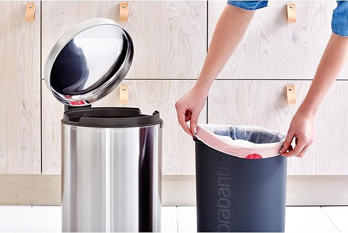 Brabantia Step-On Trash Can | Matt Steel FPP | 5.3 Gallon / 20L | Bathroom, Bedroom, Office Trash Can with Light Pedal Opening, Handle & Removable Inner Bucket | 11.4 x 15 x 18.4 | + Trash Bags
