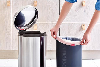 Brabantia Step-On Trash Can | Matt Steel FPP | 5.3 Gallon / 20L | Bathroom, Bedroom, Office Trash Can with Light Pedal Opening, Handle & Removable Inner Bucket | 11.4 x 15 x 18.4 | + Trash Bags