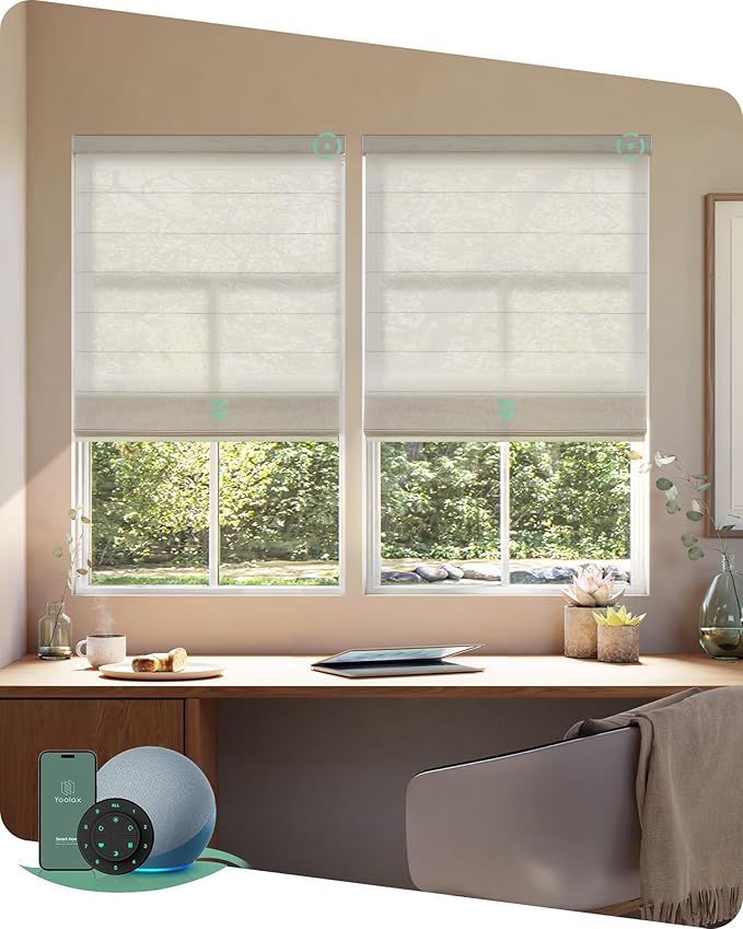 Yoolax Motorized Roman Shades with Remote, Smart Roman Shades for Windows, Semi Sheer Automatic Blinds Work with Alexa, Google, Apple Homekit for Living Room, Dining Room, Customized (Light Coffee)