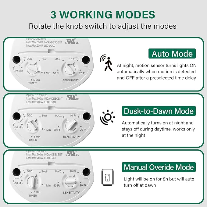 2 Pack Motion Sensor, 180-Degree Replacement Motion Detector, Adjustable Time & Detection Sensitiity Up to 60 Feet Range, 3 Working Modes Pir Motion Sensor for Security Floodlight, White, UL Listed