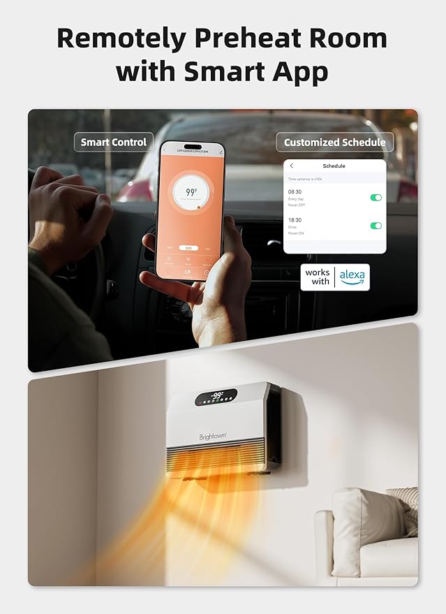 Brightown Wall Heater, Heater for Indoor Use 1500W, 5 Optional Modes, Adjustable Thermostat, Easy Mount Home Space Heater for Bedroom Bathroom with Remote Control, 12H Timer, Works with Alexa, White