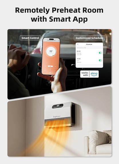 Brightown Wall Heater, Heater for Indoor Use 1500W, 5 Optional Modes, Adjustable Thermostat, Easy Mount Home Space Heater for Bedroom Bathroom with Remote Control, 12H Timer, Works with Alexa, White